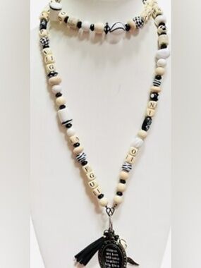 Black & Cream Beaded Letter Necklace with Charm. Teacher. Lanyard.